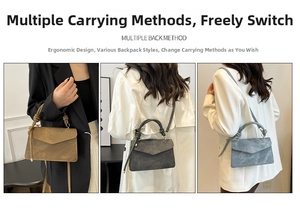 Close-up of minimalist square handbags in brown, grey, and blue with twisted handle design