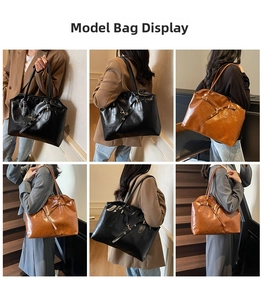 Detailed views of vintage large capacity leather tote bag in black and brown colors