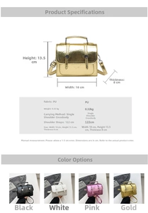 Détails du petit sac carré en PU métallisé avec dimensions 18x13,5x8cm et options