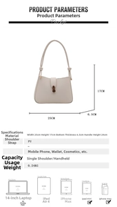 Detailed size chart for beige PU leather underarm bag with dimensions and weight