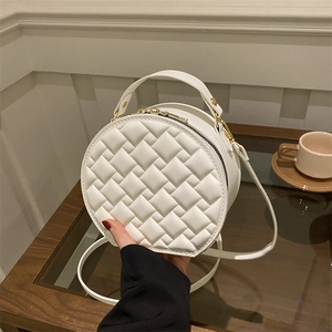 Damen Mode Runde Umhängetasche Retro PU Leder Rautengesteppt Schulter Handtasche Gold Reißverschluss Täglich Tasche