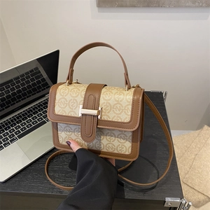 Retro monogram crossbody bag with brown leather trim and golden metal clasp handle