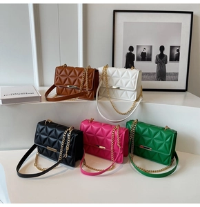 Quilted crossbody bags in five colors featuring gold chain straps and metal buckles