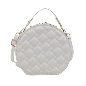 White round quilted handbag with gold chain strap and top handle for casual styling