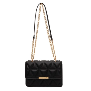 Minimalist black quilted crossbody bag with gold chain strap and geometric stitching