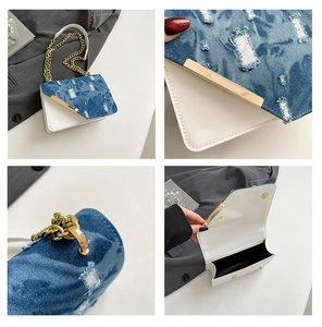 Dettagli della borsa a tracolla patchwork in denim con catena dorata e trama sfrangiata