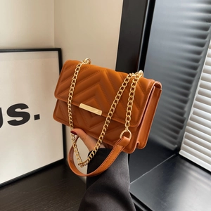Brown V-quilted faux leather shoulder bag with golden chain strap for daily commute