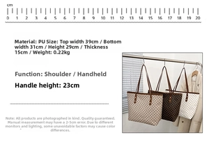 Detailed size specifications for checkerboard tote bag showing precise dimensions and height