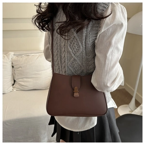 Detail of a dark brown vintage shoulder bag featuring a classic gold metal buckle