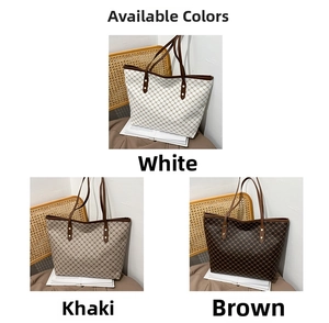 Detailed comparison of vintage monogram tote bags in white, khaki, and brown faux leather