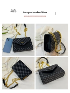 Détails du sac bandoulière vintage avec chaîne dorée et téléphone pour comparer la taille