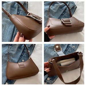 Detailed views of brown PU leather underarm bag with silver square buckle and inner pocket