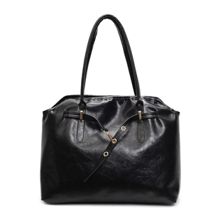 Chic black large capacity tote bag with glossy finish and metal eyelet strap detail