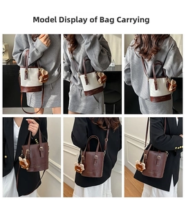 Vues détaillées d'un sac seau décontracté en toile bicolore et en cuir marron uni