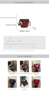 Detailed chart showing PU leather quilted bucket bag dimensions and multiple color options