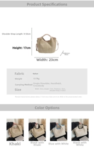 Size specifications and macro view of the 23x17cm woven straw handbag in four color options