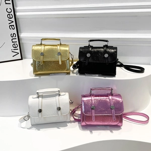 Women Metallic Crinkled PU Leather Crossbody Bag Small Fashion Square Handbag With Top Handle And Silver Buckle Decor