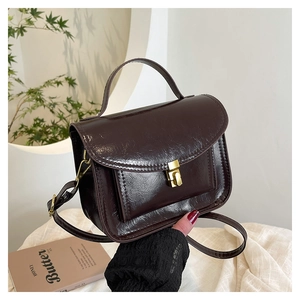 Détail du mini sac brillant marron foncé avec boucle métallique rectangulaire dorée