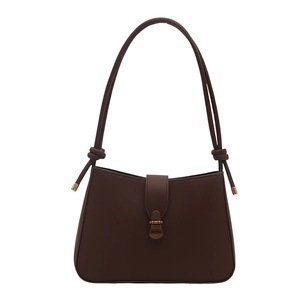 Classic dark brown PU leather underarm bag with decorative knots and vintage buckle