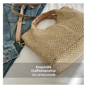 Detail of woven straw texture and light brown leather handle on a stylish tote bag