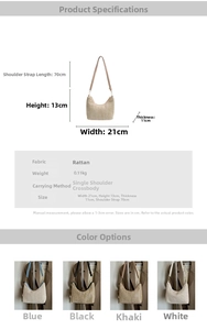 Detailed size guide and color options for the woven straw half-moon crossbody bag