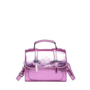 Pink metallic square handbag with top handle and crossbody straps on white background
