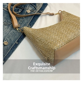 Detail of woven straw bag with khaki leather trim and gold metal lobster clasp