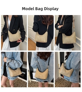 Detail shots of hand-woven straw hobo tote bag in beige and black straps for women