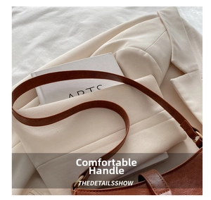 Detailed macro shot of brown leather texture and stitching on an elegant handbag