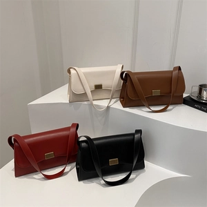 Vintage Women Shoulder Bag PU Leather Rectangular Underarm Handbag With Gold Metal Buckle Fashion Minimalist Flap Purse