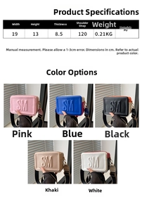 Detailed size specifications for square PU leather crossbody bags in five stylish colors