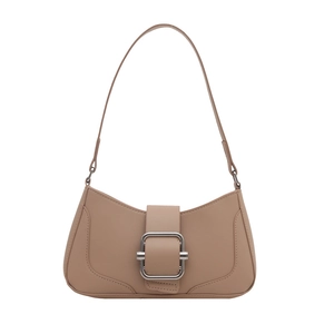 Minimalist beige baguette shoulder bag with large silver buckle and smooth matte leather