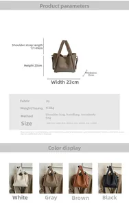 Detailed size chart and multi-color view of a vintage PU leather bucket bag for women