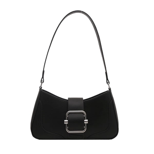 Elegant black underarm bag with a curved silhouette and bold silver square buckle