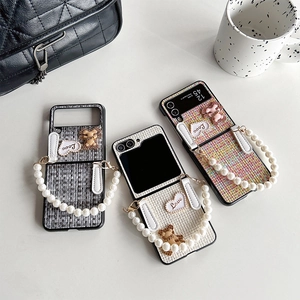 Tweed Samsung Z Flip case with diamond heart, metal bear charm and pearl hand chain