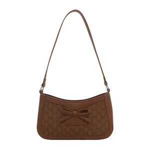 Retro dark brown underarm bag with bow detail and embossed M-pattern texture
