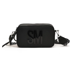 Black Saffiano leather camera bag with SM logo and geometric wide shoulder strap