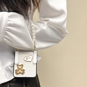 White woven folding phone case with pearl strap and golden bear charm for Samsung Z Flip