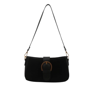 Retro black matte underarm bag for women with gold horseshoe buckle and shoulder strap