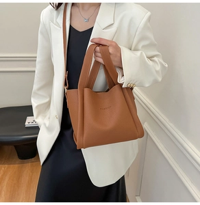 Caramel lychee grain leather tote bag with FASHION embossing and adjustable shoulder strap