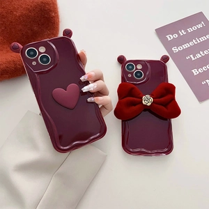 Burgundy iPhone case with 3D bear ears, velvet bow, camellia and heart pattern design