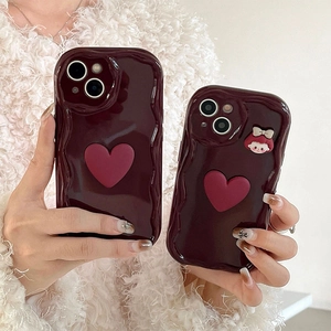 Deep red bow and heart wavy phone case for iPhone, stylish protective silicone cover
