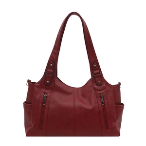 Vintage dark red faux leather tote bag with lychee texture and multi-pocket design