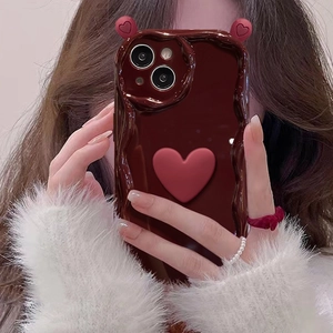 Chocolate silicone phone case with 3D red heart and melted wavy edges for iPhone