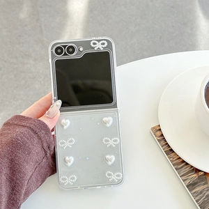 Coque transparente pour Samsung Galaxy Z Flip avec nœud perlé blanc et cœurs