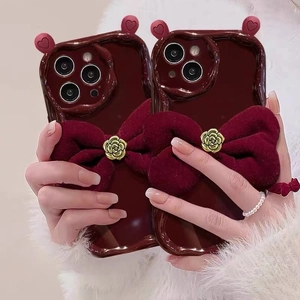Wine Red Velvet Bow Phone Case Silicone Wave Edge 3D Heart Ears Golden Rose Elegant Smartphone Cover