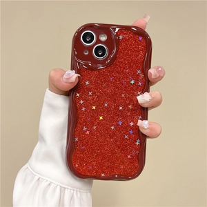 Sparkly red wavy edge phone case with star sequins for iPhone 16 Pro Max