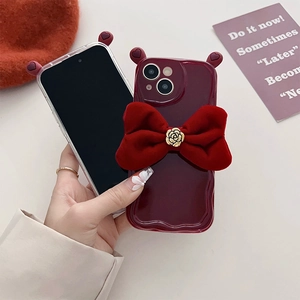 Red bow camellia silicone wave edge phone case set for iPhone 17 Pro Max models