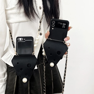 Triangle Cheese Phone Case With Artificial Pearl PU Leather Folding Screen Cover Crossbody Chain Strap For Women Stylish