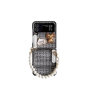 Black tweed case for Samsung Z Flip with pearl chain and love heart teddy bear pendant